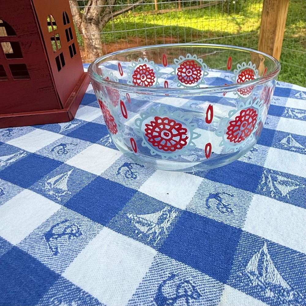 Pyrex Mixing Bowl 750ml Clear‎ Red  Excellent Floral Medallion 7201